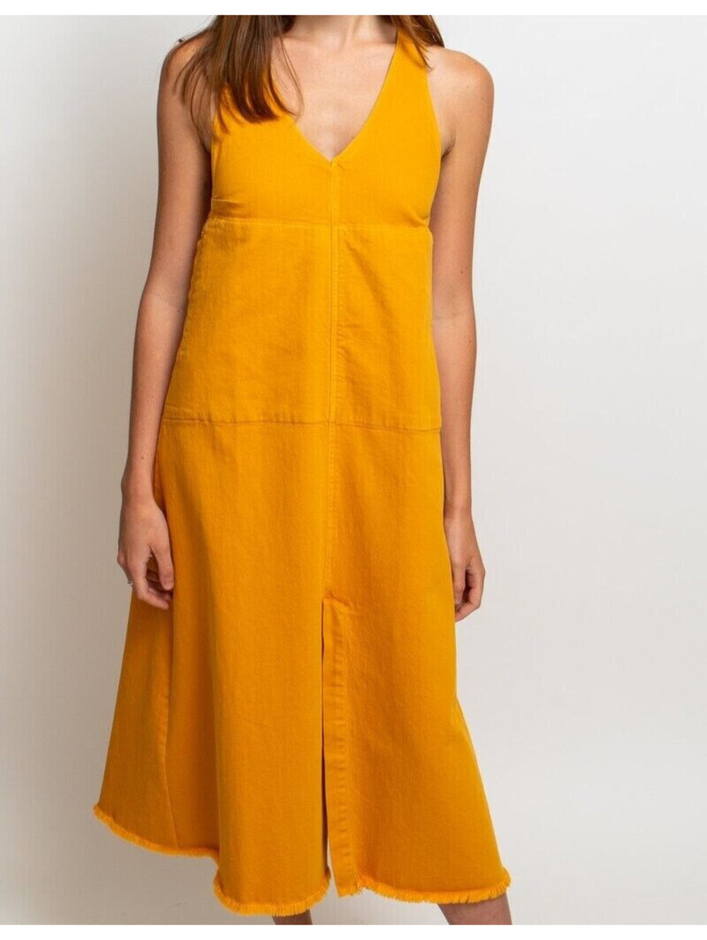 Rachel Comey sleeveless denim dress v-neck  front slit welt pockets 00 Orange